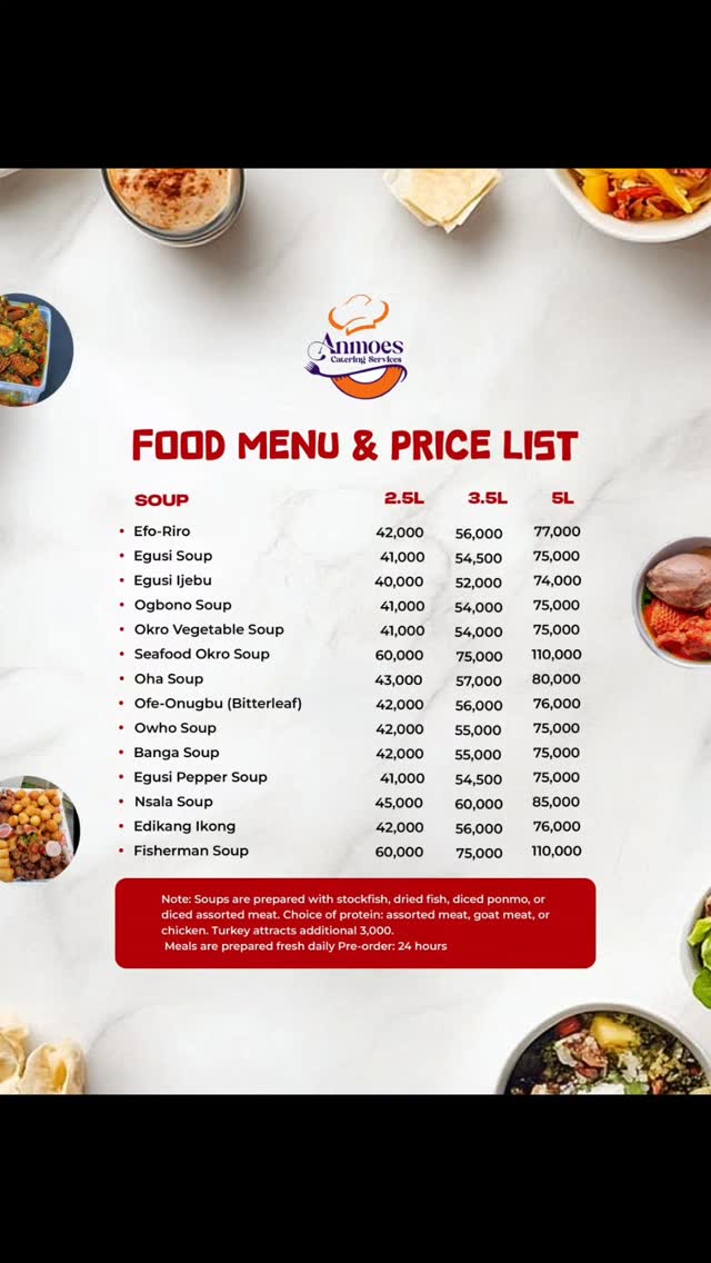 We’re excited to unveil our new menu list and updated prices .

 It is thoughtfully curated to serve you premium taste, quality, and satisfaction in every order.

From everyday cravings to special occasions, every taste is memorable with us.

Kindly browse through, place your orders, and let us bring deliciousness to your table.

📞 Order/Enquiries: 08060370235
📍  Lagos

#goodqualityfood
#fooddeliveryinlagos g #eventcateringinlagos #anmoes_catering #lagoscaterer