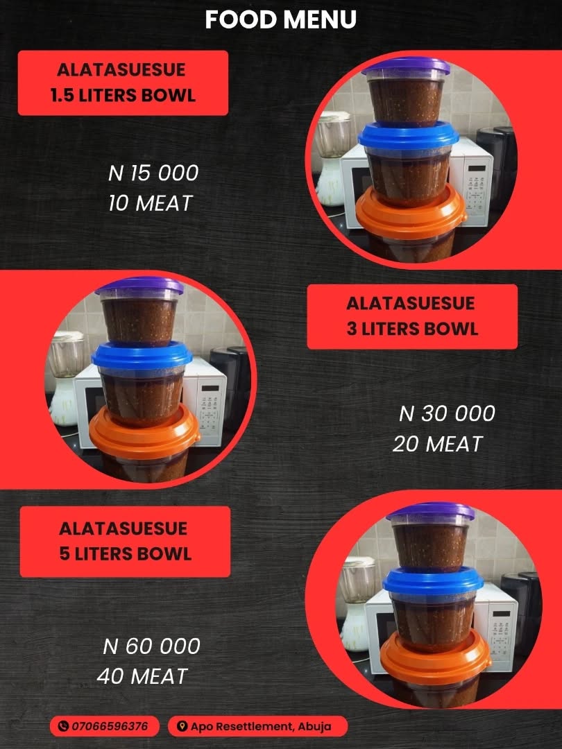 ORDER OUR DELICIOUS SIGNATURE PEPPER SAUCE TODAY!😋❤️‍🔥🌶💃🏾👍🏾
.
ORDER YOUR LUNCH PACKS TODAY! 😋 ❤️‍🔥🌶👍🏾💃🏾
.
Send a WhatsApp message on 07066596376 Now to Place Your Order!
.
ORDER our delicious Bowls of Pepper Sauce, "Obè Átásuésué"
.
1.5 litre Bowl - N 15 000

3 litre Bowl - N 30 000

5 litre Bowl - N 60 000
.
🔊CALL US TODAY ON OUR HOTLINE:  07066596376 😁👍🏾😋❤️‍🔥🌶️🍲
.
#alatasuesue #peppersauce #atadindin #friedstew #pepper #alata #obeata #obeatasuesue #obealatasuesue #sauce #friedpeppersauce #friedpepperstew #friedpepper #stew #ata #reels #explorepage #abujabusiness #abujabukka #abujabukkarice