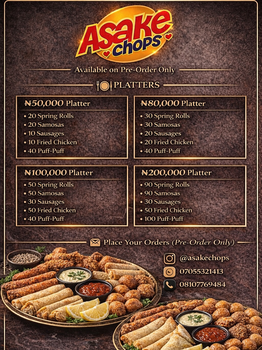 Craving proper Nigerian small chops done right? 

ASAKECHOPS delivers premium, fresh, and perfectly fried small chops platters made for celebrations, surprises, and everyday enjoyment.

Whether you’re planning a birthday, office event, family gathering, bridal shower, or weekend hangout, we have the perfect package ready for you.

Our menu includes a delicious mix of: 
Spring Rolls • Samosas •  Money bag • Puff-Puff • Fried Chicken • Sausages • Corndogs 

From Everyday Packages to Party Platters, each order is prepared fresh and packed beautifully to impress your guests.

Perfect for: 
• Birthdays 
• House parties 
• Office celebrations 
• Bridal showers 
• Family gatherings 
• Surprise food gifts

For our diaspora family: 
You can easily send a delicious surprise to your loved ones in Lagos or Ibadan. Imagine their excitement when a fresh platter of hot small chops arrives at their door. Good food is one of the best ways to show love from afar.

Why people love ASAKECHOPS: 
• Freshly prepared on order 
• Generous portions 
• Premium taste and presentation 
• Reliable delivery

All orders are Pre-Order Only, so please place your order early.

Send a DM or contact us directly to place your order.

📩 ORDER NOW 
Instagram: @asakechops 
WhatsApp: 07055321413 
Call: 08107769484 

Serving Lagos • Ibadan • Diaspora gift orders

Tag someone who would love a platter of small chops today.

Follow @asakechops for more 🤗