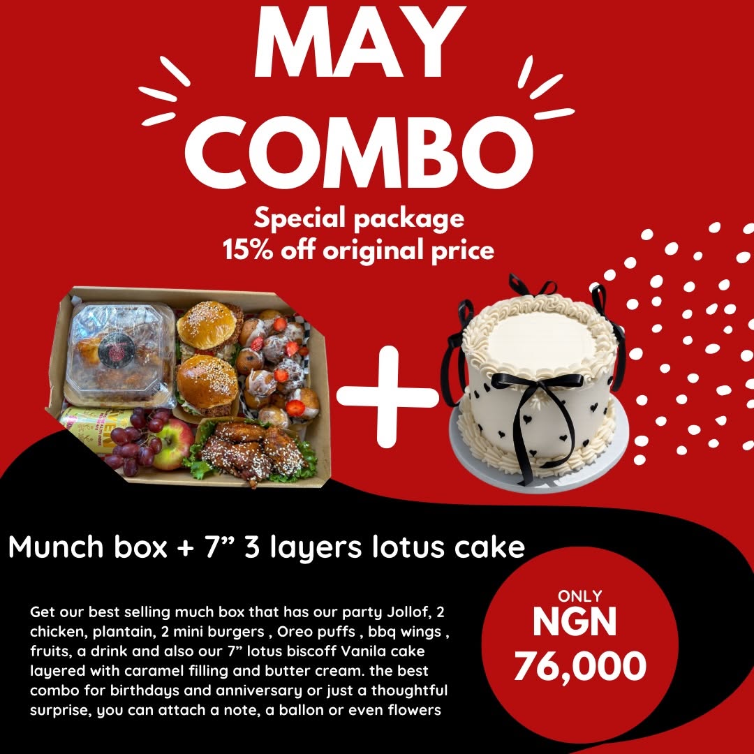 Save 14,000ngn on this combo this may !! Get out 40k munch box and our 55k 7” 3layers buttercream lotus cake ! Available only on pre orders via Dm!
.
.
.
.
#abujafooddelivery #abujafoodvendor #foodboxes #combodeals