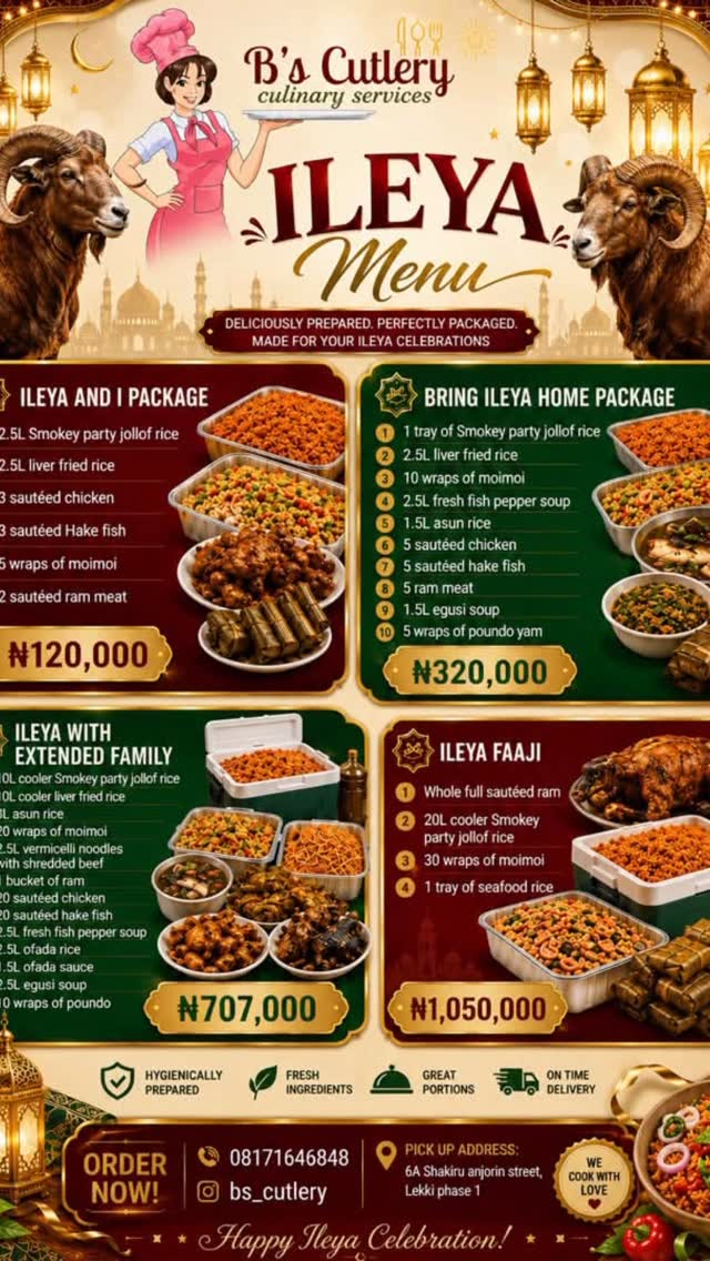 Lovers of mouthwatering dishes , ileya menu is here!!!! 
Every package comes with Ram meat, so if you have been craving for our Ram meat, here is an opportunity.
#lekki #ikoyi #ikoyimums #magodo