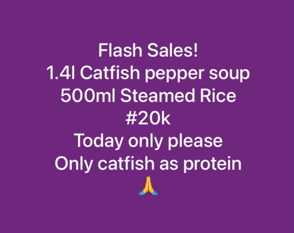 Just a quick flash sales for today, and taking orders closes today by 11am please 🙏 
To place an order, kindly send DM/Call/Whatsapp
Call 08184473413, 08087916080
WhatsApp 08184473413
#gracecake_kitchen #peppersoupinabuja