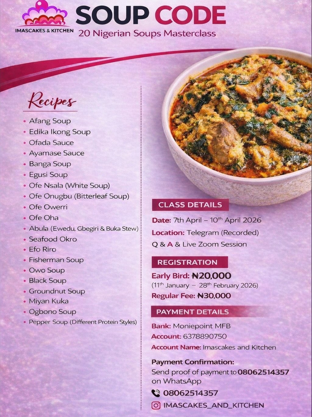 Due to popular demand, Soup Code has been in the works for a while. Soup code is finally here

You don’t have to eat or cook only the soups from where you come from.
Food has no boundaries and neither should your skills.

In this online Soup Code Class, you’ll learn how different Nigerian soups are built, how to balance flavours, and how to confidently recreate soups beyond your region.

✔️ Cook a wider variety of soups
✔️ Understand soup techniques, not guesswork
✔️ Improve taste, consistency & confidence

📍 Online class

#cookingclass