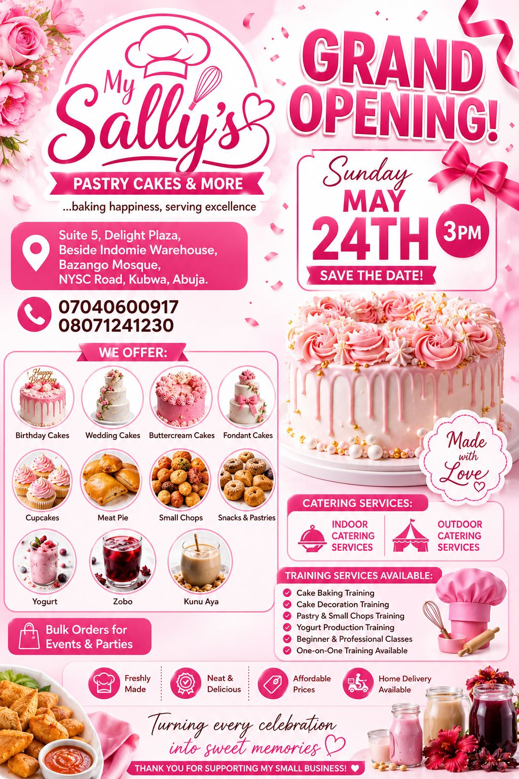 GRAND OPENING ALERT 🎉

The wait is finally over! We are excited to officially announce the opening of Sally’s Pastry Cakes and More 🍰💖

Come and enjoy delicious cakes, small chops, snacks, yogurt, zobo, kunu aya and lots more made with love just for you 😍✨

📍 Suite 5 Delight Plaza, beside Indomie warehouse, by Bazango Mosque, NYSC Road, Kubwa, Abuja
🗓️ Sunday, 24th May
⏰ Time: 3:00PM

🔥🔥 WE ARE OPEN AND READY TO SERVE YOU  COME PATRONIZE US AND SUPPORT OUR BUSINESS! 🔥🔥
Don’t miss out on the sweetness! Bring your friends and family 💕