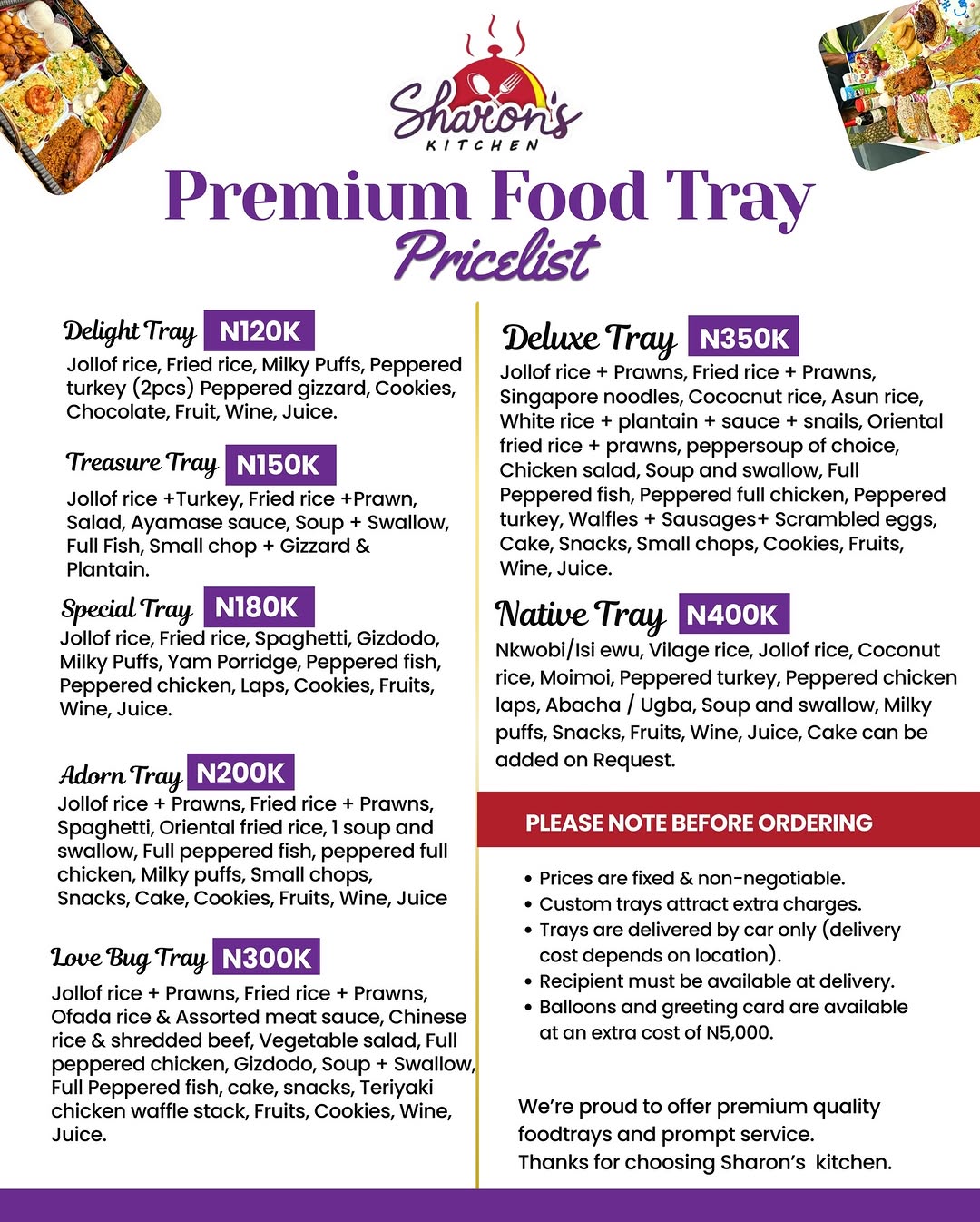 Premium Geng 🤍

Our updated menu & price list is now available.

From premium food trays to bowls, coolers, and event packages — everything you need is right here.

Kindly swipe through, save this post for reference, and reach out when you’re ready to order.

📍 Lagos
📦 Deliveries available

Your surest plug for premium enjoyment.