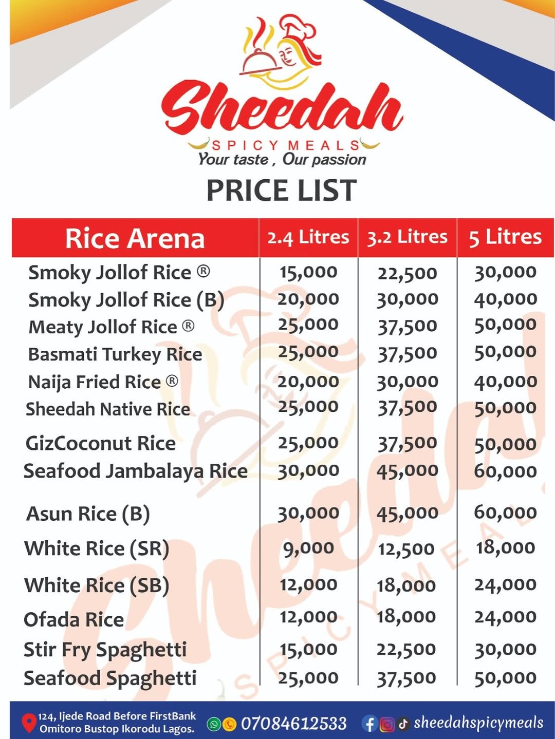 Our New Updated Menu for Bowl Orders
.
.
The difference is in the TASTE👌👌 
.
Premium Fresh HomeMade Meals✅
.
We advise 24hours notice for all FoodBowls & Bulk Orders prior to delivery
.
Indoor and Outdoor Event Catering 
. 
NB: All our meals are made fresh according to our customer’s preference ✅
.
How to Book / Order👇
Click on the WhatsApp link in our Bio
Or
Send us a DM

#sheedahspicymeals #ikoroduvendors #lunchpack #foodbowl #lagoscaterer