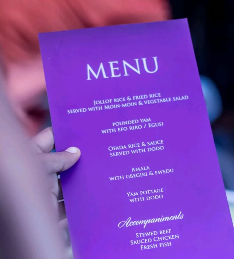 Our typical Nigerian Party Menu

#ikejacaterers
#surulerecaterer
#surulerecaterers
#egbedacaterer
#egbedacaterers
#governorroadcaterer
#ipajacaterer
#ipajacaterers
#ayobocaterer
#ayobocaterers
#festaccaterer
#festaccaterers
#idimucaterer
#idimucaterers
#ikotuncaterer
#Ikotuncaterers
#lekkicaterer
#lekkicaterers
#isolocaterer